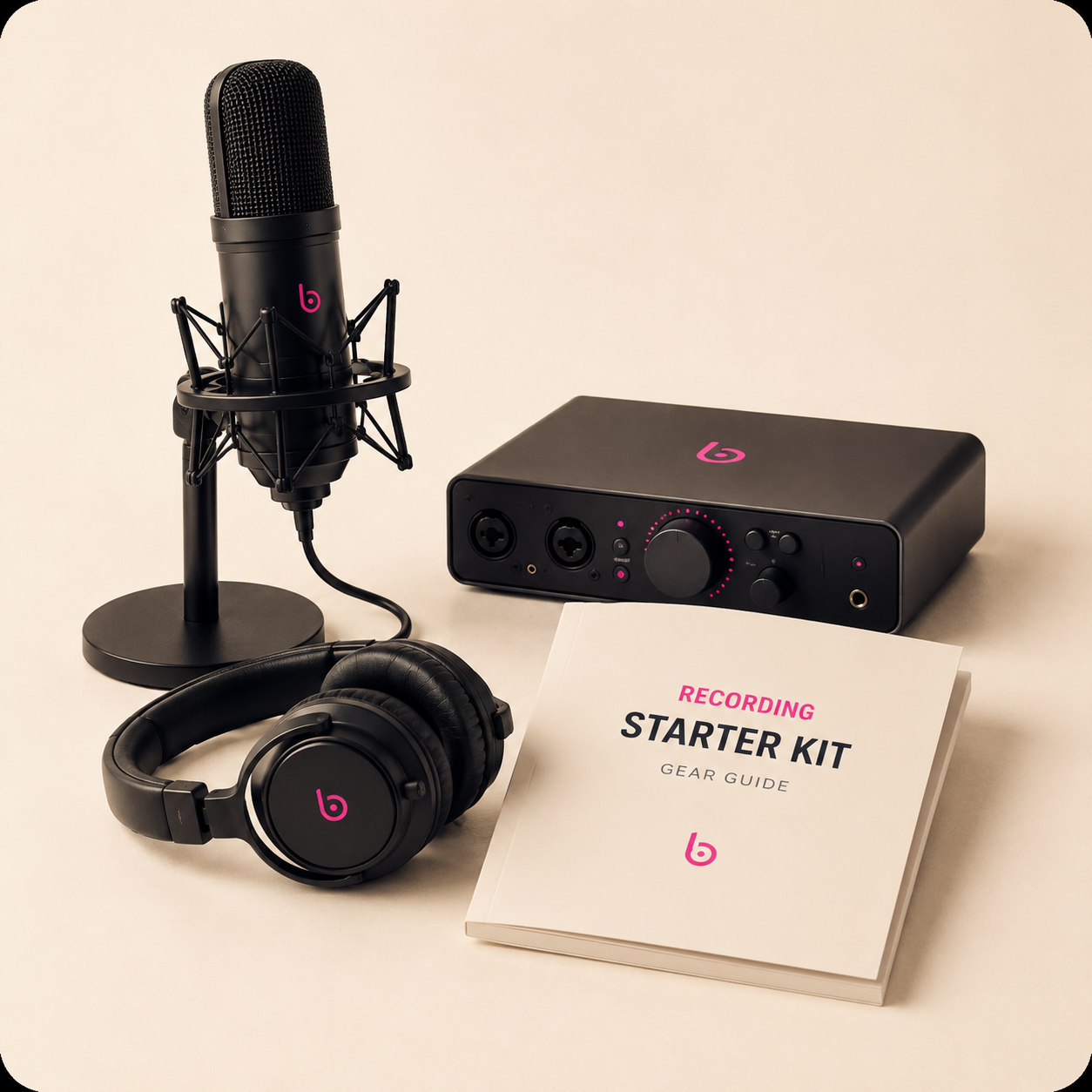 Recording Starter Kit — microphone, audio interface, headphones, and Gear Guide booklet